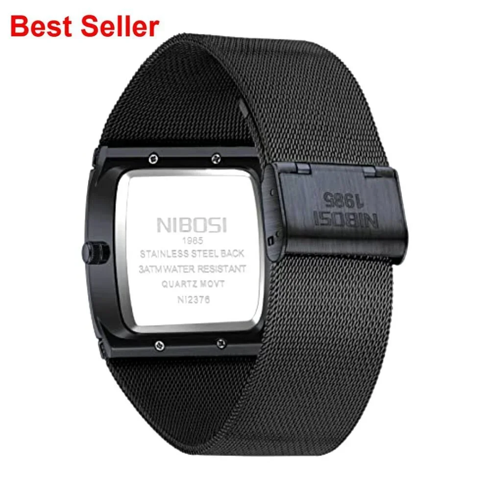 Stainless Steel Square Analog Quartz Watch with Mesh Strap